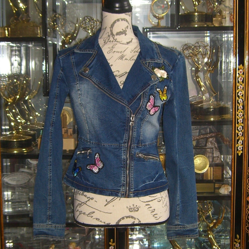INC INTERNATIONAL CONCEPTS FLOWER BUTTERFLY APPLIQUE DENIM MOTO JACKET XS - Picture 3 of 7